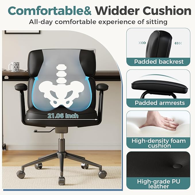 OLIXIS Ergonomic Home Office Desk Chair, PU Leather Computer Chair with Lumbar Support Adjustable Height Rolling Swivel Executive Task Armrests Chair, Inky