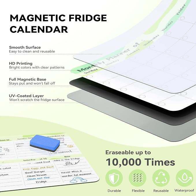 Dry Erase Magnetic Calendar for Refrigerator (3 Pack) - Monthly & Weekly & Daily Planner Magnet Whiteboard for Fridge - Shopping, To Do List, Meal/Menu, Schedule Planning Board,14"x11", Green
