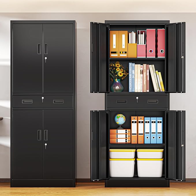 BESFUR Metal Storage Cabinet with 1 Drawer and Adjustable Shelves, 71" H Reinforced Heavy Duty Locking Storage Cabinet for Office, Garage, Home, School, Utility(Black)