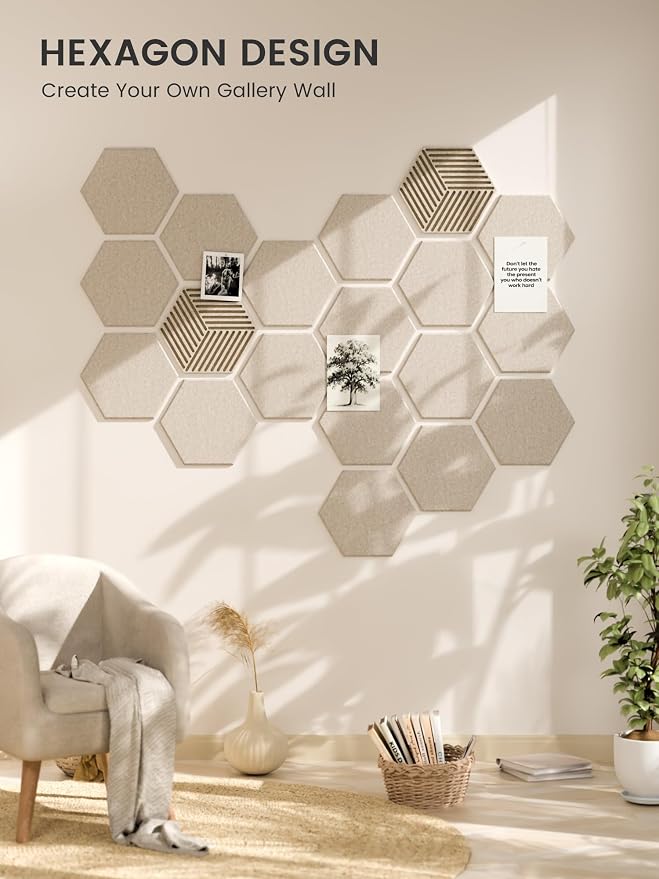 Fluxynara 10-Pack Hexagon Felt Bulletin Board Tiles, Oatmeal | Cork Board Alternative for Wall Decor and Vision Boards, with 50 Adhesive Tabs for Home, Office, Classroom or Dorm.