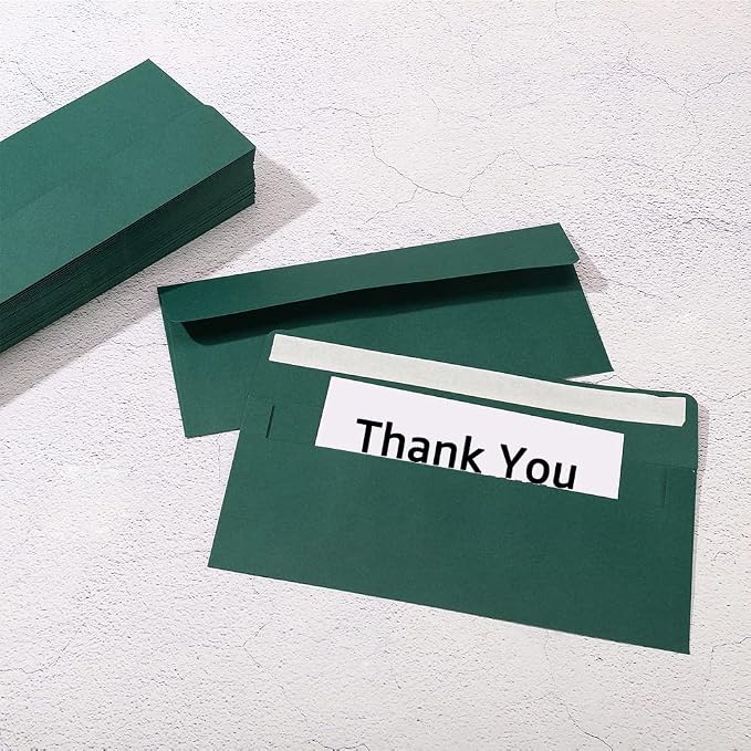 100 Pack Colored #10 Business Envelopes, 4.13 x 9.49 Inches, Dark Green | Self Seal, Standard Envelopes, For Office Checks, Business Letter Mailing, Greeting Card