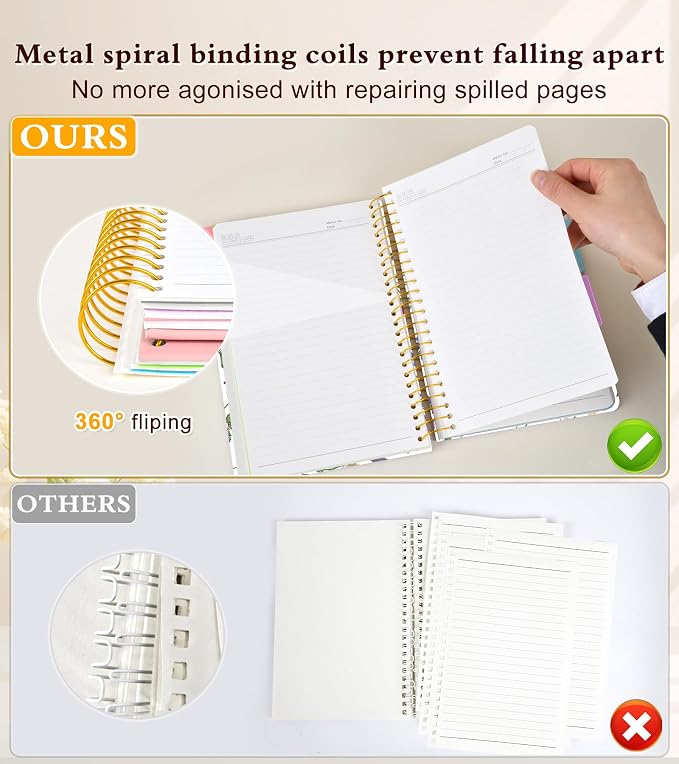 5 Subject Notebook College Ruled 240 Pages, A5(5.8"x8.3") Hardcover Spiral Notebook with Removable Dividers Tabs, Lined Spiral Journal Notebook for Women, Notebooks for Work School，whitespringflower