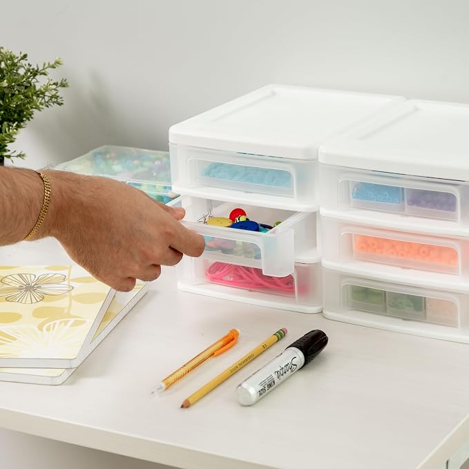 IRIS USA 2-Pack, 3-Drawer Small Plastic Stacking Desktop Organizer, White | Keep dorm desks tidy with drawers for school supplies, makeup, chargers, snacks and everyday college essentials