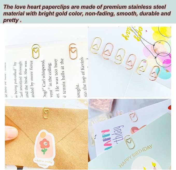 120 PCS Gold Heart Shaped Paper Clips 0.78inch Small Paper Clips Cute Mini Paperclips Invitations Paperclips Decorative Paper Clips for Office School Home Desk Organizers (Rose Gold)