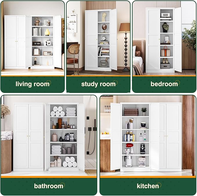 Letaya White Storage Cabinet with Adjustable Shelves-Metal Home Kitchen Pantry Cabinets with Doors,Organization Locker for Cupboard/Bedroom/Dining/Living/Bathroom/Office/Garage Room