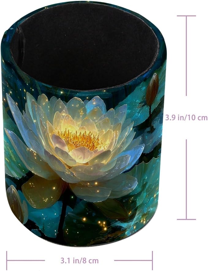 Leather Pen Holder for Desk, Water Lilies Pencil Cup Pen Organizer Makeup Brush Holder for Office Home Kids Countertop Desk Accessory Storage