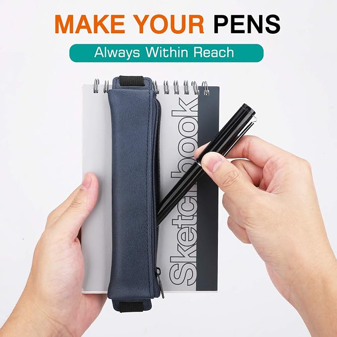 MoKo Elastic Pen Holder for Notebook, 2 Pack PU Leather Pouches | Zippered notebook pouch stores 3–4 pens and secures to hardcovers over 21 cm with an elastic strap; Gold Pink and Dark Blue.