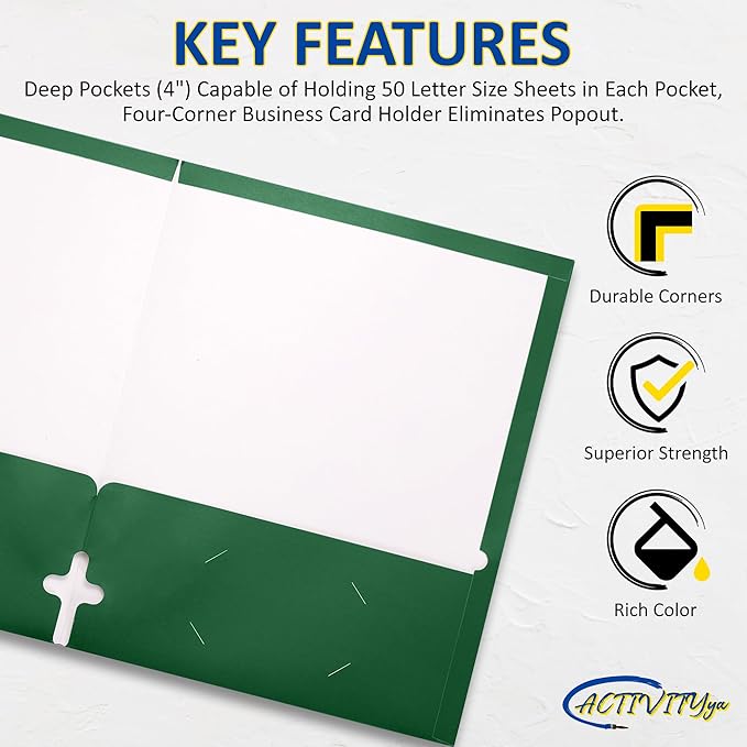 10 Pack Two Pocket Folders, Green, Strong Thick Paper Folders, for Letter Size, by ACTIVITYya