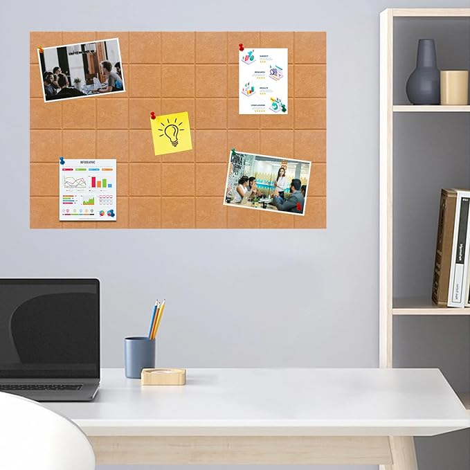 Large Square Felt Cork Board Tiles, Self Adhesive DIY Felt Bulletin Board Pin Board with 35 Pushpins for Office School Home Wall Decor Stickers Memos Photos Display (Deep Camel)