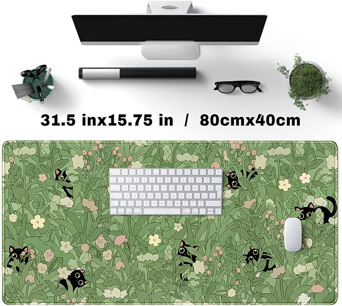YKJWW Green Desk Mat Cat Cute Flower Plant Cool Desk Pad XXL Keyboard Mat | Desk Mat for Women Office Gamer Home Decor Supplies Desk Accessories Pad Non-Slip Mousepad with Stitched Edge Mat 31.5x15.7in
