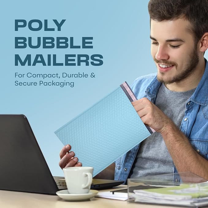 Light Blue Bubble Mailers 8.5x12 Poly Padded Envelopes #2, 200 Pack | Fits 8.5x11 Documents & Photos, Self-Seal Closure, Cushioned Protection, Water-Resistant Poly, Bulk Pack for Small Business