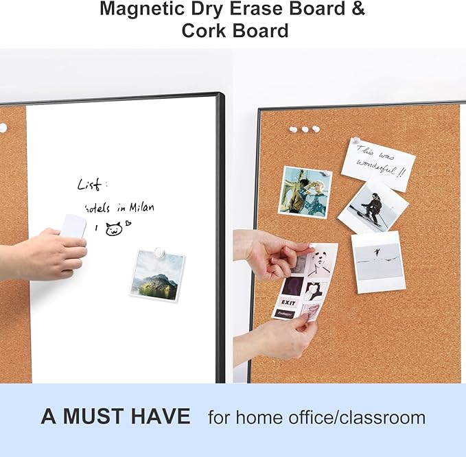 ARCOBIS Cork Board White Board Combo, 36 x 24 Inch Bulletin Board, Magnetic Dry Erase Board & Corkboard for Wall, Vision Board for Home, Office, School, Black Frame