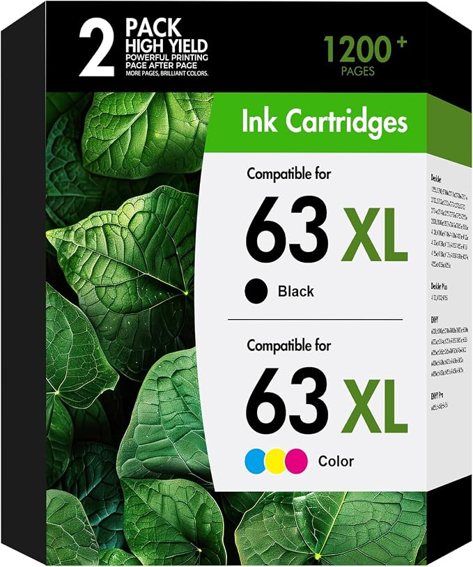 63 63XL Ink Cartridge Combo Pack for HP63 XL Ink 2-Pack 1 Black,1 Tri-Color | Compatible for HP63XL Black and Color Work for HP Envy 4520 4512 Officejet 3830 4650 5258 5255 4655 5200 Deskjet 2130 3630