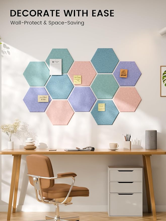 Fluxynara 12-Pack Hexagon Felt Bulletin Board Tiles, Coastal Haze | Cork Board Alternative with 60 Adhesive Tabs for Notes, Photos and Reminders in Home Offices, Dorm and Classrooms