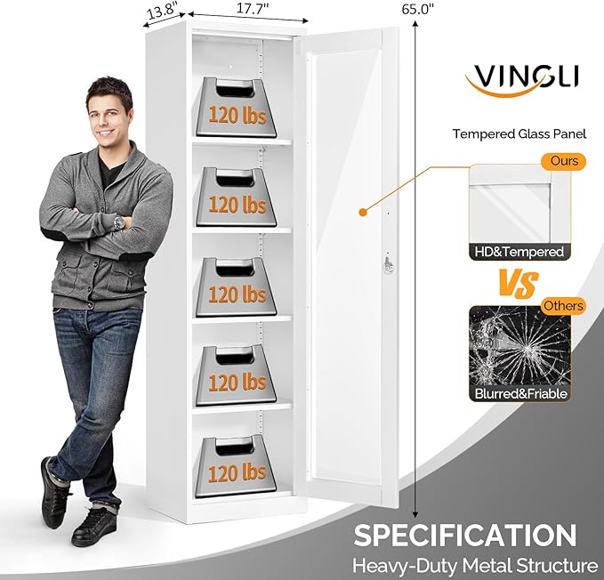 VINGLI Lockable Display Cabinet with Glass Door & 4 Adjustable Shelves, 65" Tall Metal Storage Cabinet Curio Liquor, Bookshelf Bookcase for Home Office Living Room Pantry Garage (White)