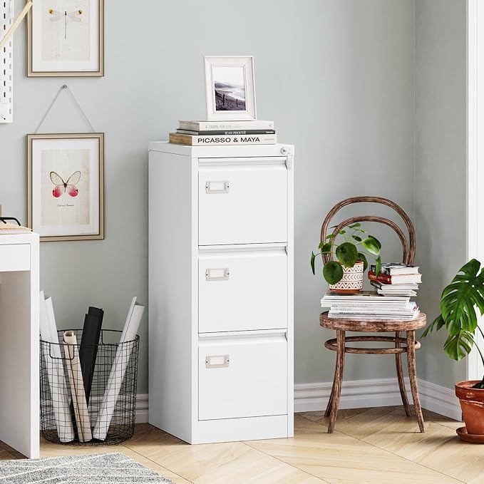 MIIIKO 3 Drawer File Cabinet, White Vertical Filing Cabinets with Lock, Home Office File Folders Storage Cabinet for Letter Legal A4 File Size