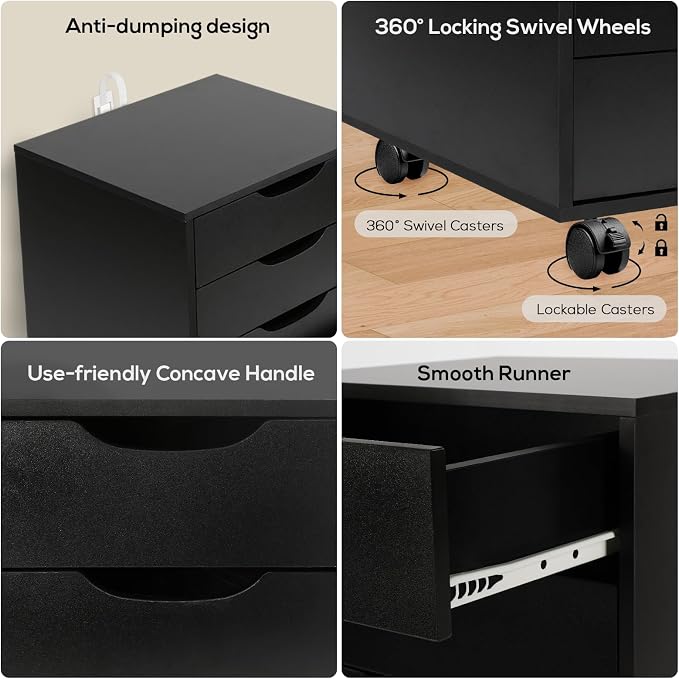 TUSY Mobile File Cabinet, 5-Drawer Storage Cabinet, Vertical Rolling Storage Organizer Chest with Wheels & Anti-Tip Kit, for Home Office, Craft Room, Black