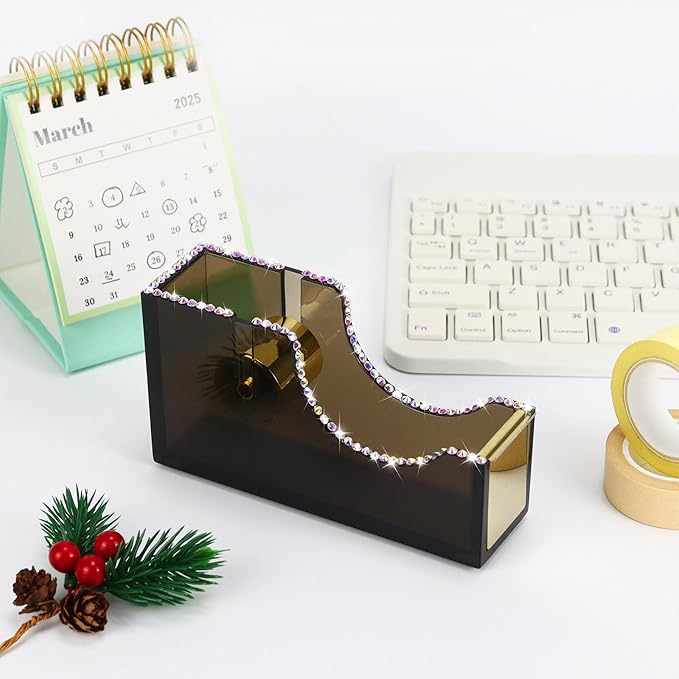 Buqoo Desk Tape Dispenser Acrylic Clear Black Non-Skid Tape Cutter Holder for Desk Supplies Office, Home and School