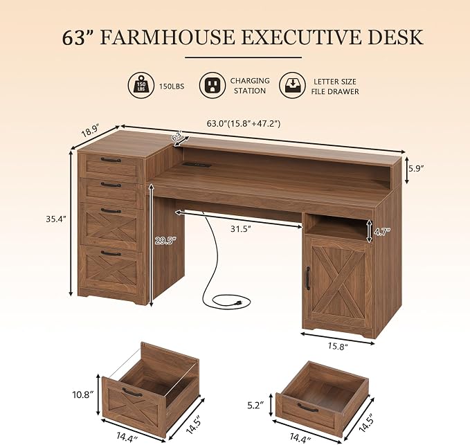 63" Farmhouse Computer Desk with 4 Drawers for Home Office, Bedroom | Executive Desk with Printer Shelf, Monitor Stand, Home Office Desks with Power Outlets, Storage Shelves, Brown