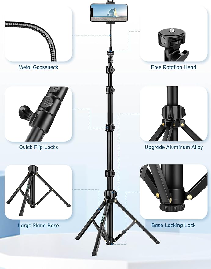 Phone Tripod, 85" Tripod for Cell Phone iPhone with Gooseneck | Aluminum Tripod Stand for Video Recording Photo Vlog, Travel Cellphone Tripod with Remote Compatible with iPhone Android
