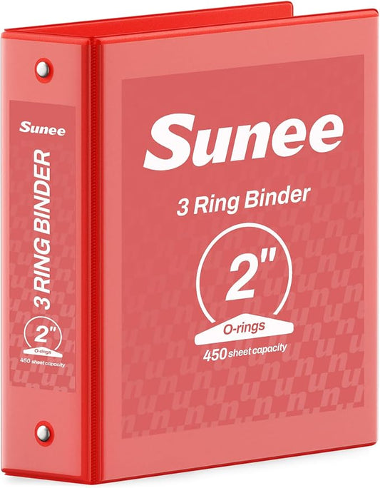 SUNEE 3 Ring Binder 2 Inch 1 Pack, Clear View Three Ring PVC-Free (Fit 8.5x11 Inches) for School or Office Supplies, Red