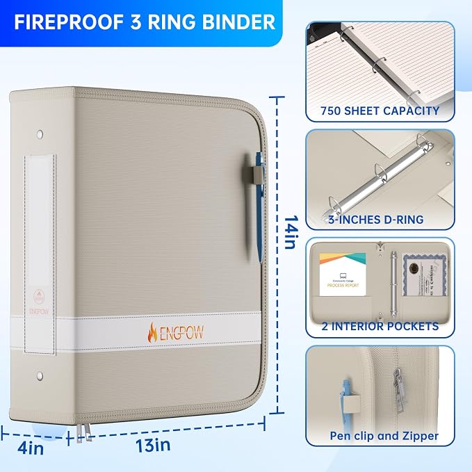 ENGPOW 3 Ring Binder,Fireproof 3" D Ring Organizer with Zipper & Pockets | Holds 750 Sheets,Non-Stick,PVC-Free,Compatible with Sheet Protectors,Durable School Office Home Safe Storage for Paper,Beige