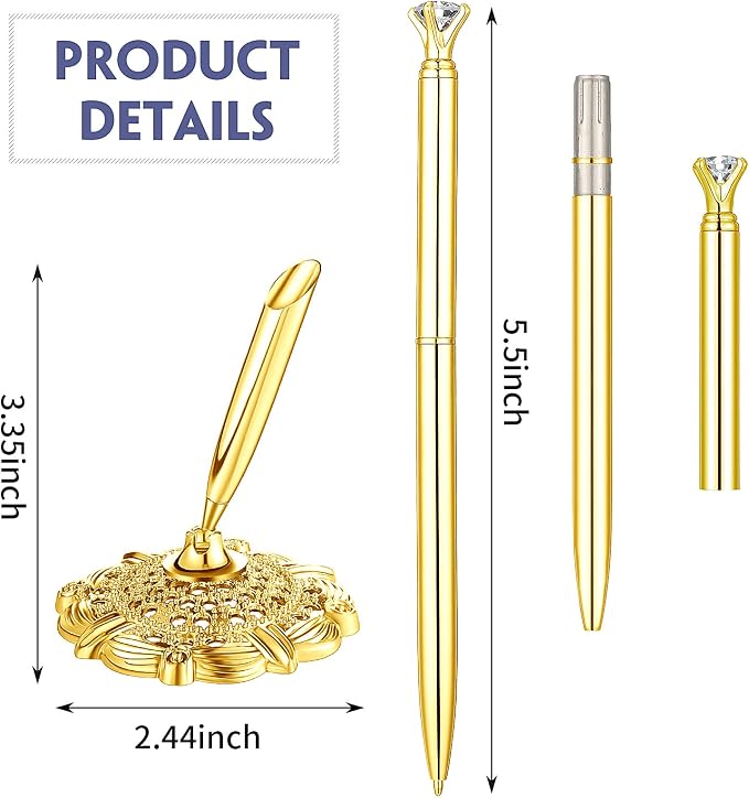 Outus 2 Pcs Gold Wedding Pens for Guest Book Signing Diamond Design | Hollow Round Holder Stand, Desk Ballpoint Pens, For Bridal Showers Wedding Bachelorette Party Engagement Reception Business