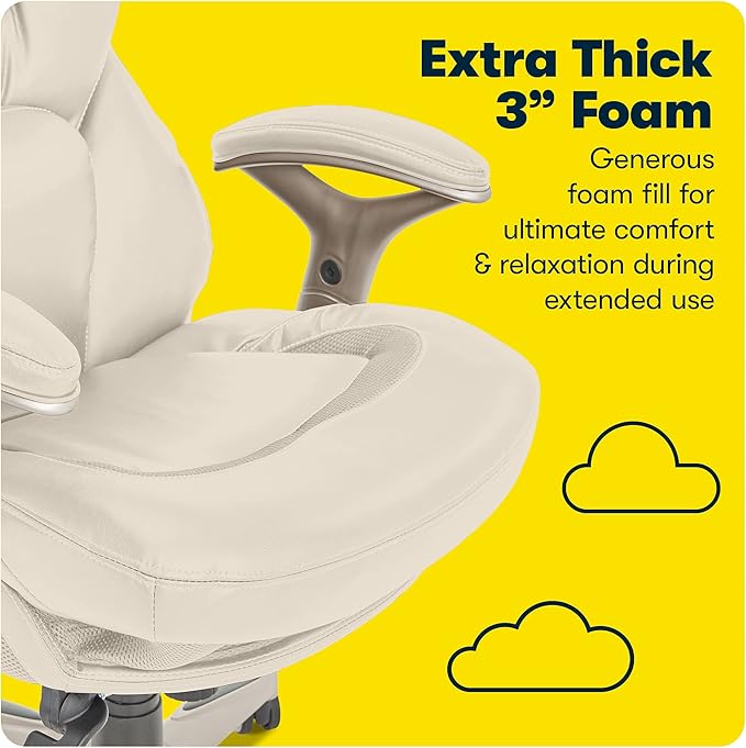 Serta Claremont Executive Office Chair with Back-In-Motion Technology, Ergonomic Mid-Back with Pivot Lumbar Support and Seat, Plush Cushion, Body Pillows, Adjustable Arms, Bonded Leather, Ivory White