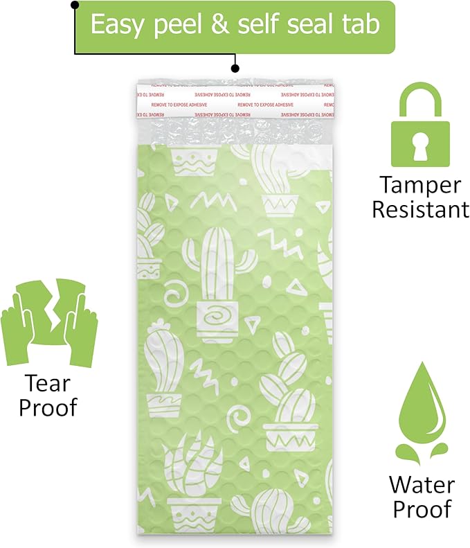 4x8 (20pcs) Green Cactus Designer Self Seal Poly Bubble Mailers Shipping Envelopes Padded Bags
