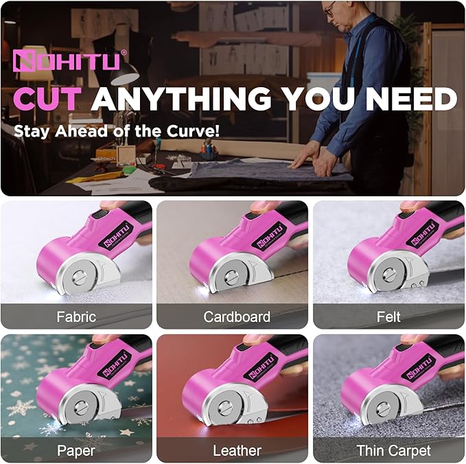 Cardboard Cutter: 4V Rechargeable Rotary Electric Box Cutter, 3000mAh Battery, with LED Light & Safety Lock, 2 Blades, Cordless Electric Scissorsfor Fabric Carpet Carton Plastic Leather Cloth (Pink)
