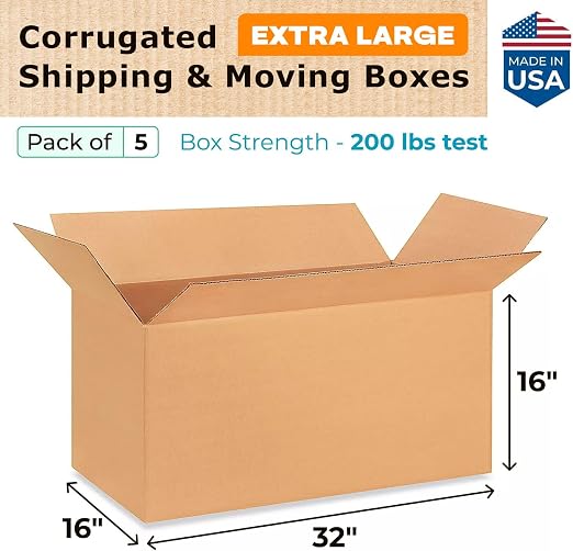 Extra Large Shipping & Moving Boxes 32 x 16 x 16 inches (5-Pack) - Extra Strength 200 lb vs Regular - Corrugated Heavy Duty Moving Boxes - Durable Cardboard Moving Box - Large Box by IDL Packaging | Extra Strength 200 lb vs Regular - Corrugated Heavy D...