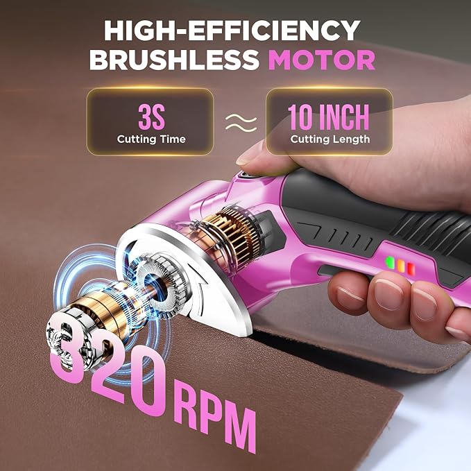 Cardboard Cutter: 4V Rechargeable Rotary Electric Box Cutter, 3000mAh Battery, with LED Light & Safety Lock, 2 Blades, Cordless Electric Scissorsfor Fabric Carpet Carton Plastic Leather Cloth (Pink)