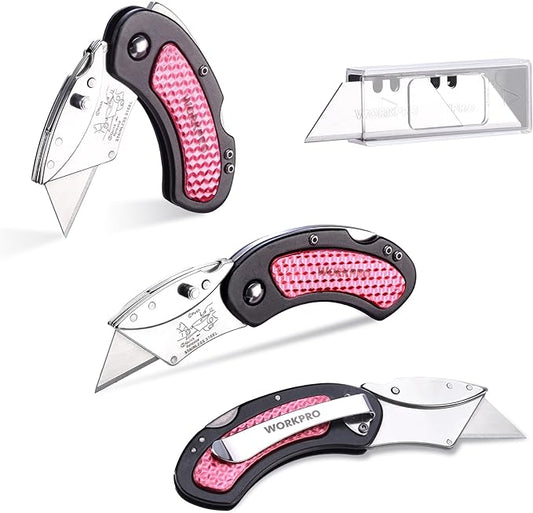 WORKPRO 3-Pack Folding Utility Knife, Pink Box Cutter Quick Change Blade Razor Knife, Back-lock Mechanism with 10-piece Extra Blades, Pink Ribbon