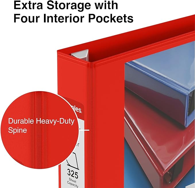 Staples Heavy-Duty 1.5-Inch D-Ring View Binder, Reinforced Spine, Holds Up to 350 Sheets, Red, for Office & School