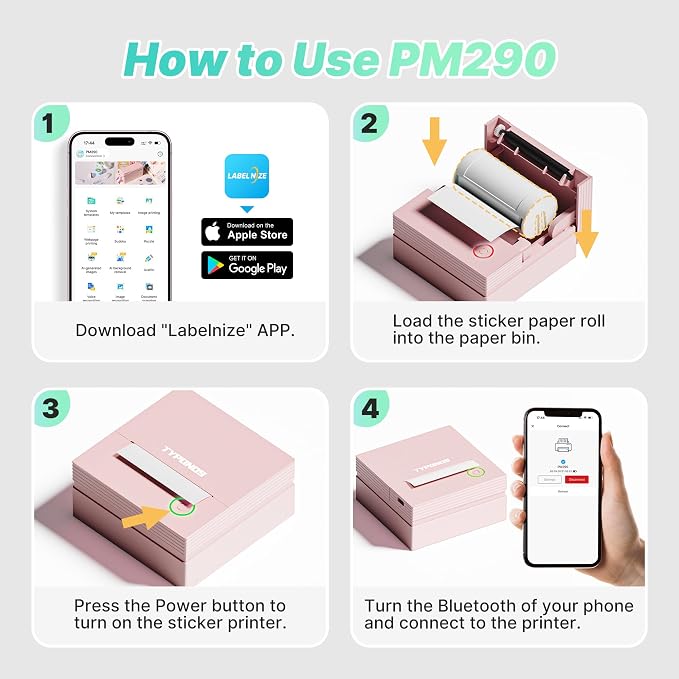 Mini Sticker Printer, PM290 Sticker Maker Machine with 3 Roll Paper | Good Quality, Portable, Smart AI APP, Mini Printer for Study, Gifts for Girls Boys, Back to School Supplies for Teachers