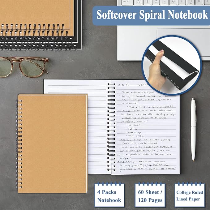10Pack Small Spiral Notebook A5, 5.5x8.3” Notebook for Work 120Page Notepad | Colored Multipack College Ruled Notebooks A5 Kraft Spiral Bound Small Notebook Journal Lined Note Pads for Writing Journaling