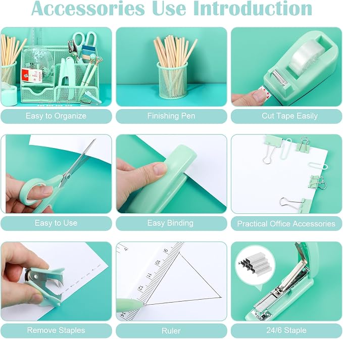 auroray Green Desk Organizers and Accessories, Teal Office Supplies Set Green Mesh Desk Organizer, Stapler, Tape Dispenser, 1000 Staples, Staple Remover, Pen Holder, Clips Set, Ruler, Scissors