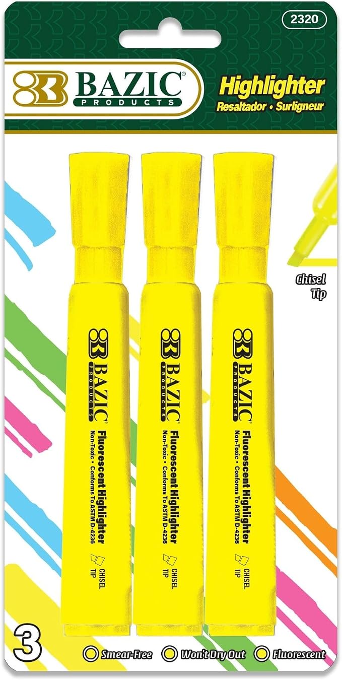 BAZIC Highlighter Yellow Color Desk Style, Chisel Tip Broad Fine Line Highlighters, Unscented Highlighting Coloring Marker (3/Pack), 1-Pack | Quick-dry, Yellow fluorescent desk-style highlighters, wide barrel, non-toxic ink, ASTM D-4236, odorless