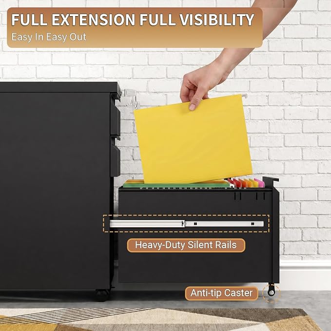 3 Drawer Small Under Desk Rolling File Cabinet with Lock for Home Office | Fully Assembled,Central Locking System,Metal,Pencil Tray,Hanging File Bar,Anti-Tipping Caster