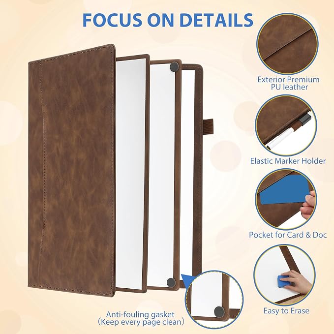 Feifeiya 6 Sides Dry Erase Notebook, Brown, A4 9" X 12" | Portable Reusable Whiteboard Notepad 6 Side Foldable Dry Erase White Board for Planner Office Study Business Meeting Supplies