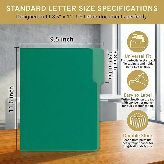 100 Packs File Folders,Green Paper Folder,1/3-Cut Tabs,File Folders Letter Size,8.5x11 Inch File Folder for Office Filing,School Projects and Home,Organizer Documents