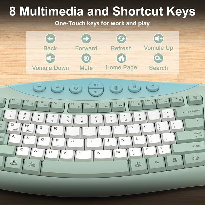 Wireless Keyboard and Mouse Combo, 2.4G Quiet Ergonomic Curved Keys (Green-B)