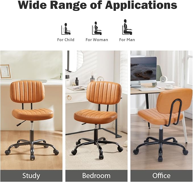DUMOS Small Desk Chair, Home Office Chair, Lumbar Support | PU Leather, Low Back, 360 Swivel Wheels, Height Adjustable, Armless Computer Task, Brown