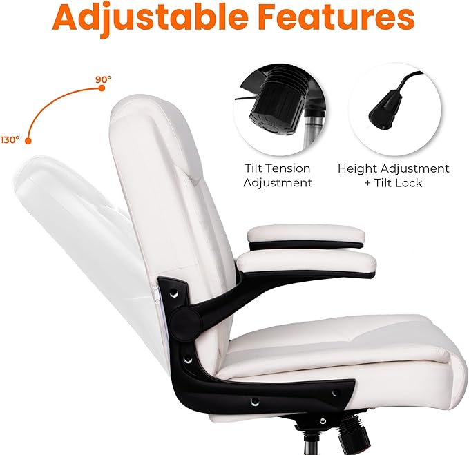 NEO CHAIR Office Desk Computer Chair Ergonomic Executive Mid-Back Leather Gaming Chair with Adjustable Flip-Up Armrests Wheels Swivel for Home Study Task (White)