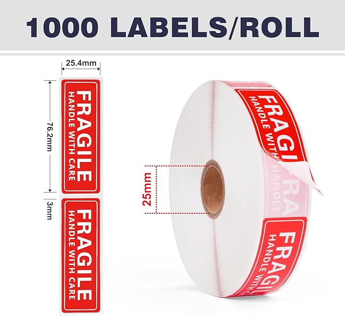 1 x 3 Inch Handle with Care 1000 Permanent Adhesive Fragile Stickers for Shipping Moving Glass Labels (1 Roll, 1000 Labels)
