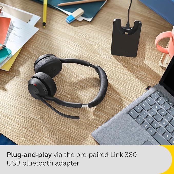 Jabra Evolve2 55 Stereo Wireless Headset with ANC, Black | AirComfort Headband for All-Day Comfort, Noise-Cancelling Mics, Active Noise Cancellation, Works with Zoom and Google Meet