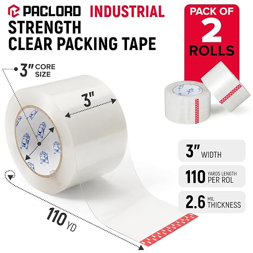 3" x 110 Yards Clear Packing Tape, Pack of 2 - Heavy-Duty 2.6 Mil Thick Carton Sealing Tape with Industrial Strength Adhesion for Packaging, Moving, or Shipping Boxes | Heavy-Duty 2.6 Mil Thick Carton Sealing Tape with Industrial Strength Adhesion for ...