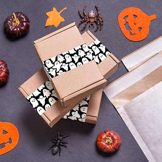 Whaline 109 Yard Halloween Packing Tape Black White Ghost Decorative Gift Wrapping Tape for Small Business DIY Crafts Box Carton Decor