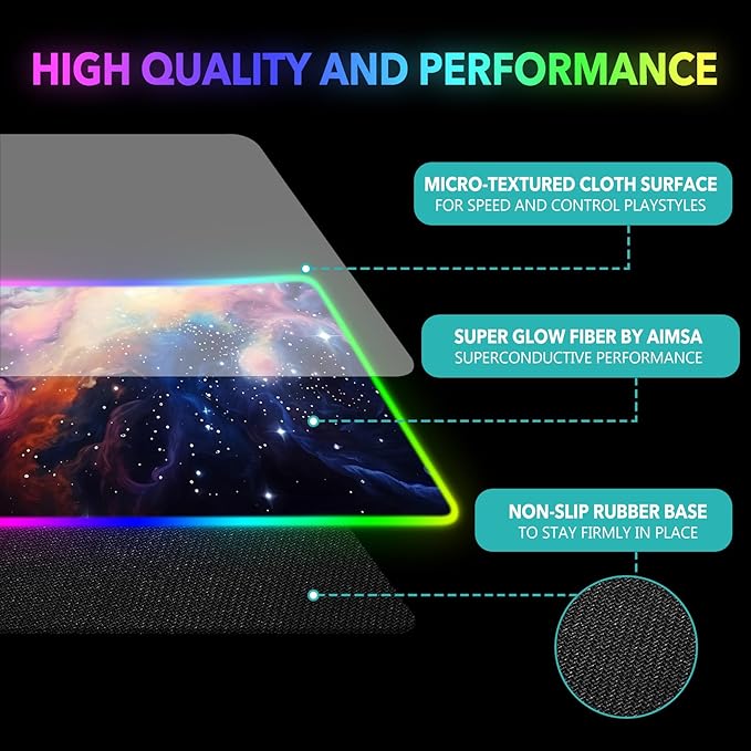 AIMSA RGB Mouse Pad LED Gaming Mouse Pad with 14 Lights Modes, Non-Slip Rubber Base Computer Carpet Desk Mat for PC Laptop (35.4 x 15.8 inch) Colorful Ink Starry Sky