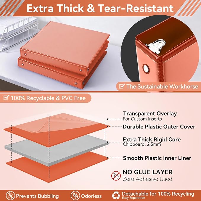 SUIN 1 Inch 3 Ring Binder, Clear 1'' View Presentation Binders with 2 Pockets, Fits 8.5 x 11 Letter Size, Durable Polypropylene, Non-Stick & PVC-Free for School, Office & Home (Orange)